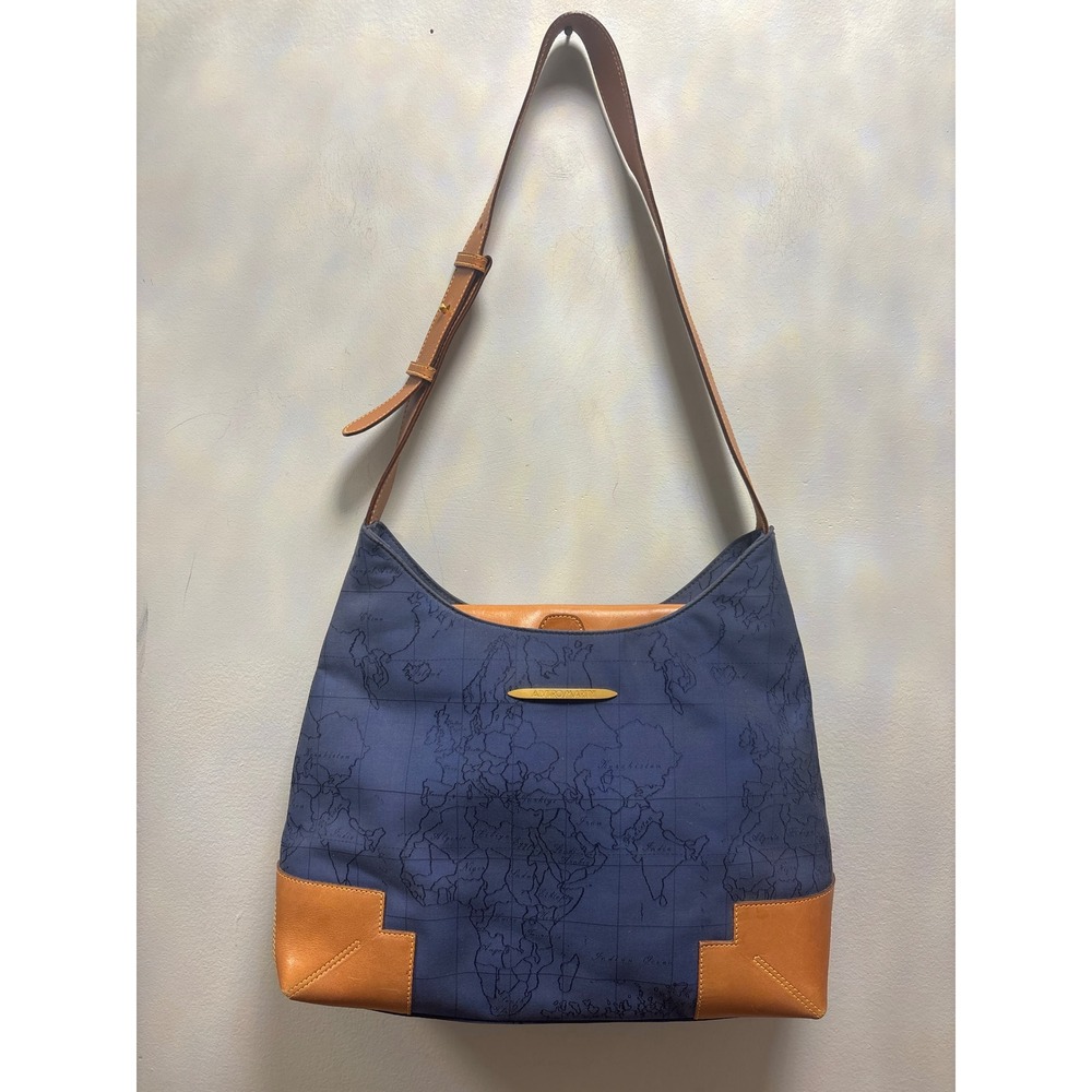 Alviero Martini 1a Classe Hobo Bag Womens Large Blue  Geo Map Print